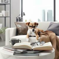 photo de une mignonne chien avec des lunettes en train de lire une livre ai génératif