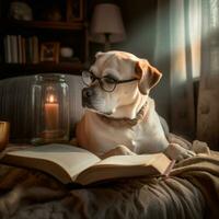 photo de une mignonne chien avec des lunettes en train de lire une livre ai génératif