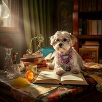 photo de une mignonne chien avec des lunettes en train de lire une livre ai génératif
