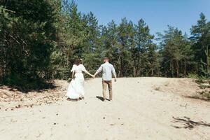 mariage marcher dans le pin forêt. ensoleillé journée. photo