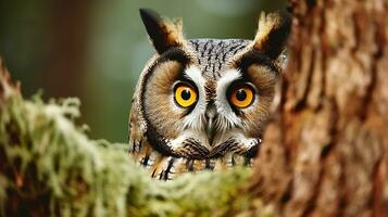 caché portrait de aux longues oreilles hibou avec gros Orange yeux derrière mélèze arbre tronc. cacher et chercher avec mignonne peu hibou. génératif ai photo