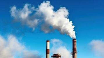 industriel fumée de cheminée sur bleu ciel, génératif ai photo