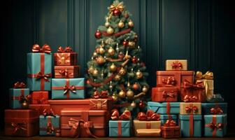 Noël arbre est avec cadeaux, grand Noël arbre, lumières de Noël arbre dans le pièce Noël décoration, ai génératif photo