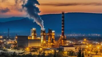 métallurgique plante avec noir fumée et acier usine avec cheminées - métallurgique travaux, industriel production. génératif ai photo