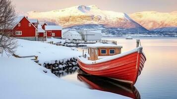 rouge en bois bateau couvert avec couches de neige, magnifique hiver paysage, génératif ai photo