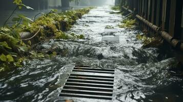 ville eaux usées système pour évacuation l'eau pendant lourd pluie. eau de pluie les flux dans une égout. génératif ai photo