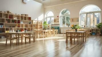 vide moderne préscolaire Salle de classe. génératif ai photo