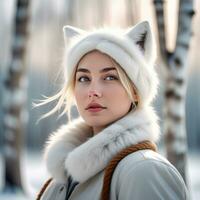 portrait de une blond fille dans une chapeau avec oreilles. ai généré photo