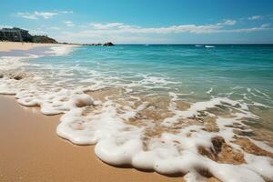 Stupéfiant vue de sables, plage et océan sur été ai généré photo