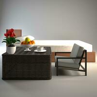 en bois lit avec blanc matelas isolé sur blanc arrière-plan, table et chaises avec fruit et fleurs dans marmites. photo