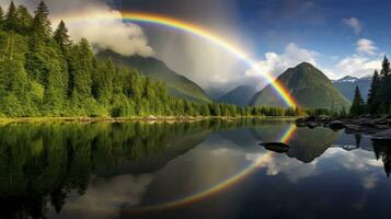 le la magie de arcs en ciel plus de robuste montagnes et tranquille des lacs. génératif ai photo