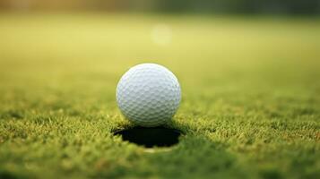 irrésistiblement proche - proche en haut, le golf Balle sur lèvre de tasse dans cours. génératif ai photo