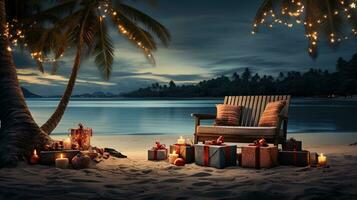 ai généré génératif ai, Noël sur le plage. cadeaux, Noël arbre, palmier, océan et chaises. vacances concept photo