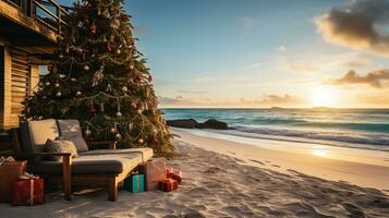 ai généré génératif ai, Noël sur le plage. cadeaux, Noël arbre, palmier, océan et chaises. vacances concept photo