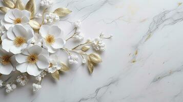 mariage Contexte avec blanc marbre et granit texture avec or-blanc floral bijoux conception. ai généré photo