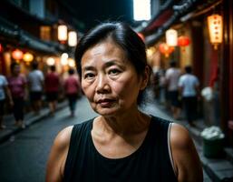 photo de Sénior vieux femme dans Chine local rue marché à nuit, génératif ai