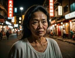 photo de Sénior vieux femme dans Chine local rue marché à nuit, génératif ai
