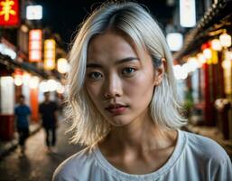 photo de magnifique Jeune fille dans Chine local rue marché à nuit, génératif ai