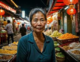 photo de Sénior vieux vendeur femme dans Chine local rue marché à nuit, génératif ai