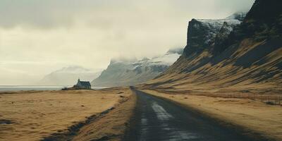 ai généré génératif ai, Islande magnifique brumeux sauvage paysage avec montagnes, esthétique en sourdine couleurs, photo