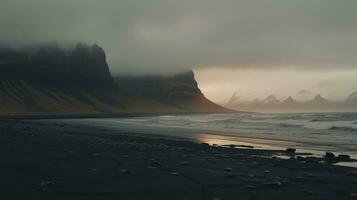 ai généré génératif ai, Islande magnifique brumeux sauvage paysage avec montagnes, esthétique en sourdine couleurs, photo