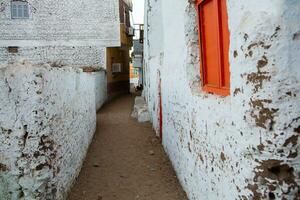 coloré extérieur mur de une nubien maison dans Egypte. typique africain village Maisons façade. médiéval rue. photo