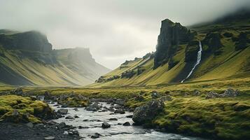 ai généré génératif ai, Islande magnifique brumeux sauvage paysage avec montagnes, esthétique en sourdine couleurs, photo