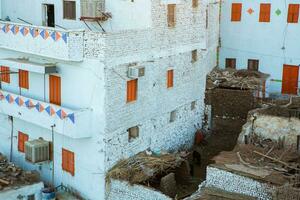 coloré extérieur mur de une nubien maison dans Egypte. typique africain village Maisons façade. médiéval rue. photo