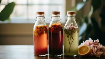 ai généré génératif ai, fait maison fermenté kombucha boire, en bonne santé thé, Naturel probiotique parfumé boisson photo