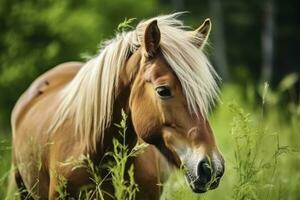 marron cheval avec blond cheveux mange herbe sur une vert Prairie détail de le diriger. ai généré photo