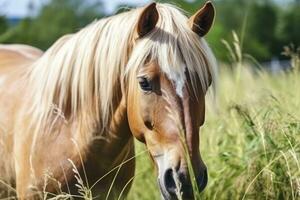 marron cheval avec blond cheveux mange herbe sur une vert Prairie détail de le diriger. ai généré photo