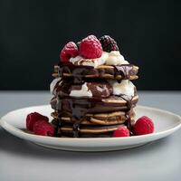 ai généré une empiler de Crêpes s'égoutte Chocolat fouetté crème et baies framboises mûres photo