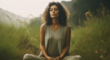 ai généré génératif ai, femme Faire méditation, esthétique en sourdine beige couleurs photo