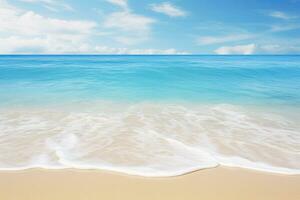 magnifique plage et tropical mer, la nature Contexte avec espace pour texte, doux vague de bleu océan sur sablonneux plage. arrière-plan, ai généré photo