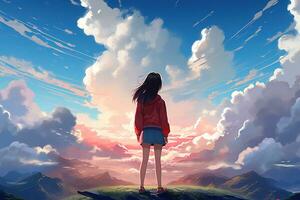 ai généré une fille à la recherche en dehors dans le des nuages. anime style ai génératif photo