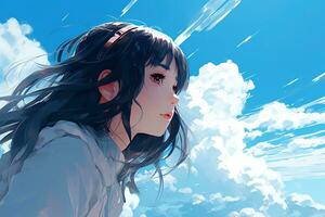 ai généré une fille à la recherche en dehors dans le des nuages. anime style ai génératif photo