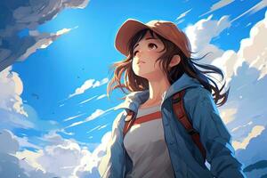 ai généré une fille à la recherche en dehors dans le des nuages. anime style ai génératif photo