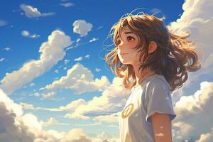 ai généré une fille à la recherche en dehors dans le des nuages. anime style ai génératif photo