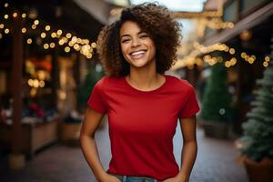 Jeune femme portant Bella Toile rouge chemise maquette, à de fête Noël Contexte. conception T-shirt modèle, impression présentation maquette. ai génératif photo