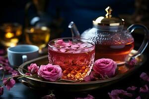 tasse de aromatique thé avec Frais des roses fleurs sur le tableau. biologique et naturel, à base de plantes chaud en bonne santé boisson. ai génératif photo