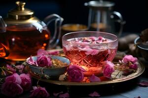 tasse de aromatique thé avec Frais des roses fleurs sur le tableau. biologique et naturel, à base de plantes chaud en bonne santé boisson. ai génératif photo