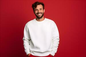 Jeune homme portant blanc sweat-shirt maquette, à rouge Contexte. conception arrêtez-vous modèle, impression présentation maquette. ai généré. photo