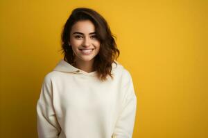 Jeune femme portant blanc sweat-shirt maquette, à Jaune Contexte. conception sweat à capuche modèle, impression présentation maquette. généré ai. photo