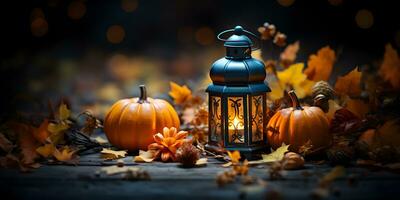 de fête l'automne lanterne décoration avec citrouilles, fleurs et tomber feuilles. action de grâces journée ou Halloween bannière concept. ai génératif photo