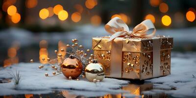 or cadeau boîte sur le neige avec Noël ornements décoration sur flou embrasé lumières Contexte. de fête bannière stylé composition. ai génératif photo