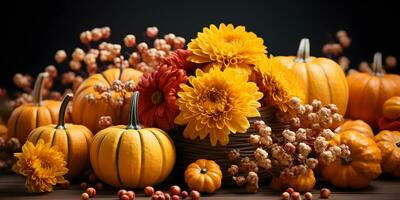 de fête l'automne décoration avec citrouilles, fleurs et tomber feuilles. action de grâces journée ou Halloween bannière concept. ai génératif photo