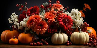 de fête l'automne décoration avec citrouilles, fleurs et tomber feuilles. action de grâces journée ou Halloween bannière concept. ai génératif photo