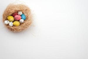 oeufs de pâques colorés chez les oiseaux nichent sur un fond blanc. photo