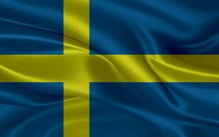 3d agitant réaliste soie nationale drapeau de Suède. content nationale journée Suède drapeau Contexte. proche en haut photo