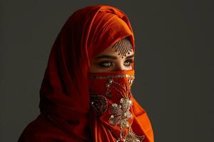 studio coup de une Jeune charmant femme portant le terre cuite hijab décoré avec paillettes et bijoux. arabe style. photo